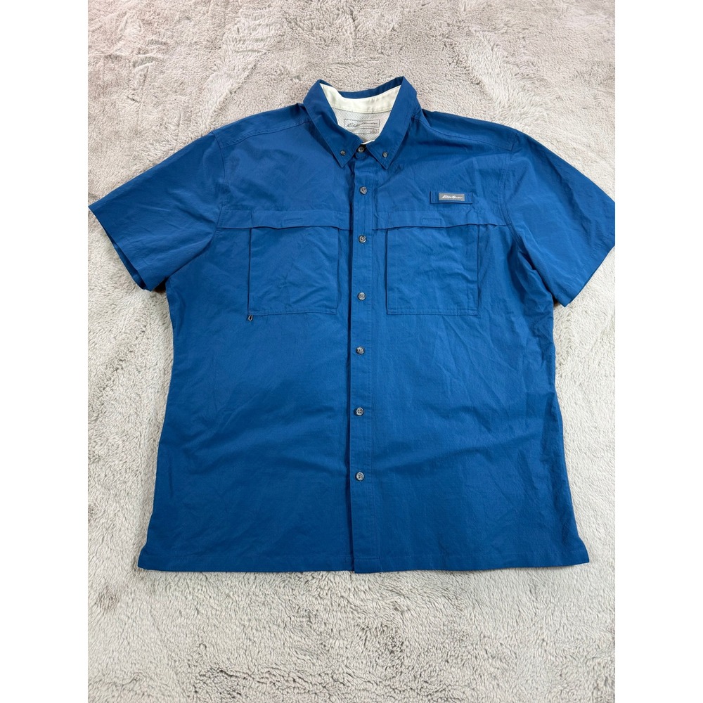 Eddie Bauer‎ Men's Button Down Shirt Short Sleeve Blue Fishing XL Safari Outdoor